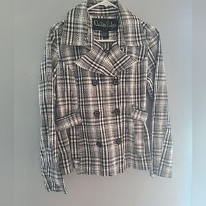 Outer Edge Women's Jacket Double Breasted Pea Coat White/Grey/Black Plaid Sz Med